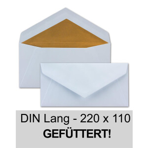 100 Briefumschläge Weiß - DIN Lang - gefüttert mit goldenem Innenfutter - 22 x 11 cm - Nassklebung, spitze Klappe - 90g/m² - Ideal für Einladungen und Grüße zu Geburtstag und Weihnachten