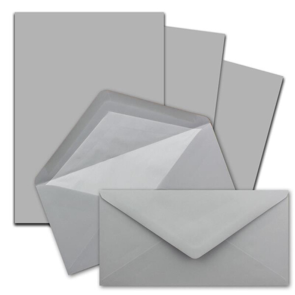 500x Briefpapier-Sets DIN A4 und DL gefütterten Briefumschlägen mit weißem Seidenfutter, Nassklebung - Hellgrau - mattes Schreibpapier