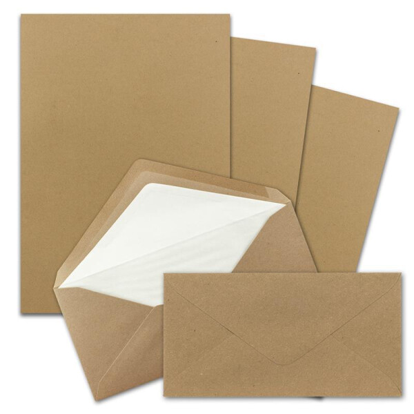 500x Briefpapier-Sets DIN A4 und DL gefütterten Briefumschlägen mit weißem Seidenfutter, Nassklebung - Kraftpapier - mattes Schreibpapier