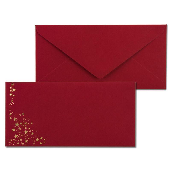 200x Briefumschläge mit Metallic Sternen - DIN Lang - Gold geprägter Sternenregen - Farbe: dunkelrot, Nassklebung, 120 g/m² - 110 x 220 mm - ideal für Weihnachten