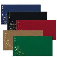 400x Briefumschläge mit Metallic Sternen - DIN Lang - Mix Set 10, Umschläge in Rot, Schwarz, Grün, Blau und Kraftpapier - mit Sternen in Gold