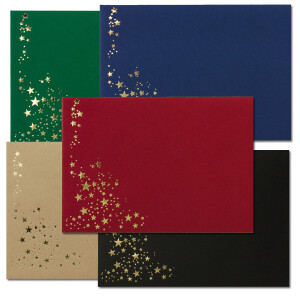 500x Briefumschläge mit Metallic Sternen - DIN C5 - Mix Set 10, Umschläge in Rot, Schwarz, Grün, Blau und Kraftpapier - mit Sternen in Gold