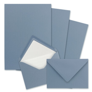 200x Briefpapier-Sets DIN A4 mit C6 gefütterten Briefumschlägen, Nassklebung - Graublau - mattes Schreibpapier und Kuverts mit weißem Seidenfutter