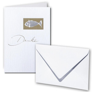 Artoz Karten-Set für Kommunion / Konfirmation / Firmung - Set für 6 Karten -B6 - Faltkarten & Umschläge - glänzer Fisch gold-metallic mit geprägtem Schriftzug "Danke" - Als Danksagungskarte