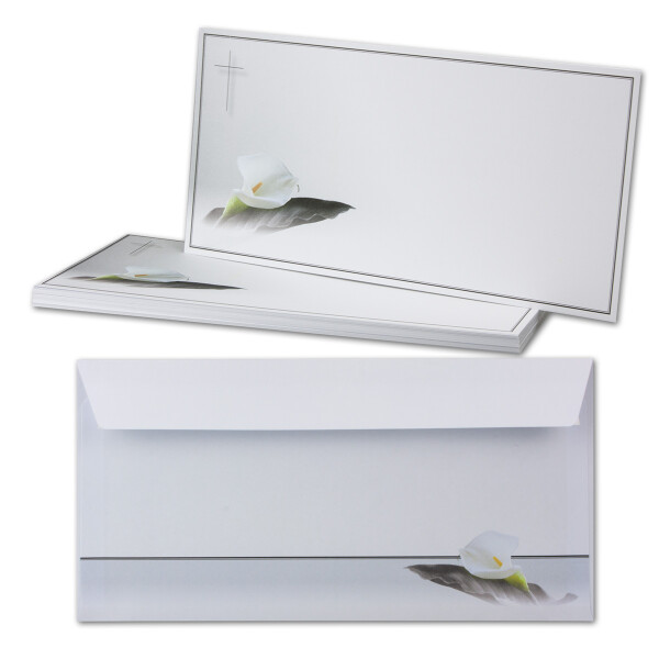 25x Trauerkarten Set mit Umschlag DIN LANG - Motiv Trauerblume - Danksagungskarten Trauer Ohne Fenster - würdevolle Beileidskarte