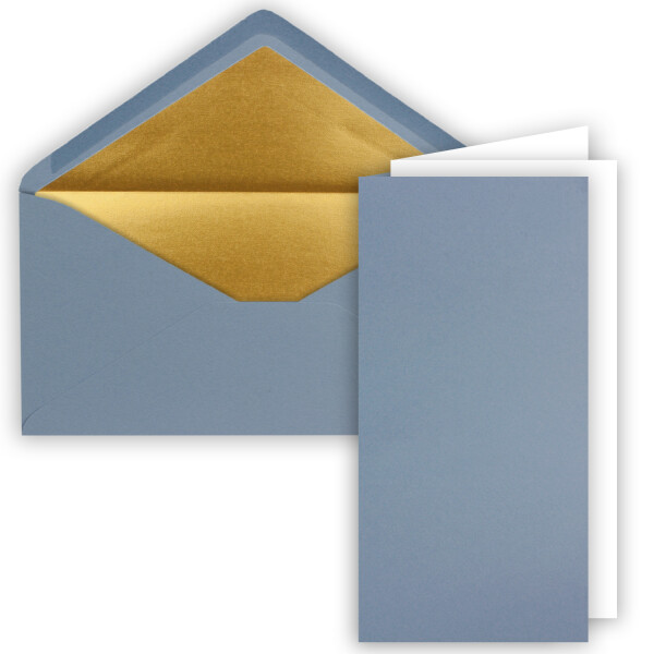 150x Faltkarten-Set DIN Lang inkl. Briefumschlägen mit goldenem Seidenfutter und weißen Einlegeblättern in Graublau (Blau) - 10,5 x 21 cm - für Einladungen und Grußkarten