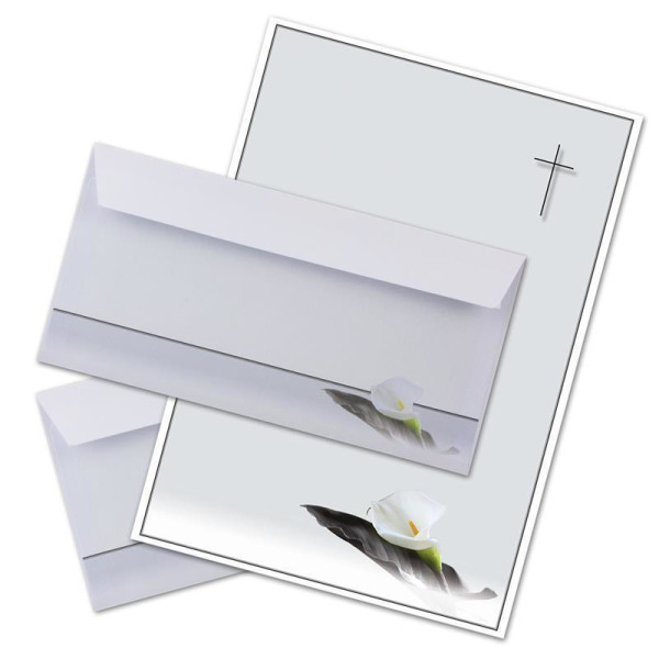 25 x Set Trauerpapier DIN A4 + Trauerumschläge DIN Lang - Motiv Trauerblume mit Blatt - 22 x 11 cm - bedruckbar - Kondolenz Set für Danksagung Trauer