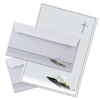 25 x Set Trauerpapier DIN A4 + Trauerumschläge DIN Lang - Motiv Trauerblume mit Blatt - 22 x 11 cm - bedruckbar - Kondolenz Set für Danksagung Trauer