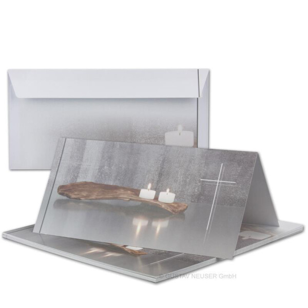 25x Trauerkarten Set mit Umschlägen DIN LANG - Motiv Kerzen auf altem Holz - Danksagungskarten Trauer Ohne Fenster - würdevolle Doppelkarten