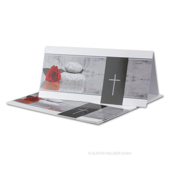 25x Danksagungskarten Trauer DIN LANG - Doppelkarten aufklappbar - Trauerkarten mit Motiv Rose Stein Trauerkreuz - würdevolle Dankeskarte