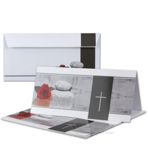 50x Trauerkarten Set mit Umschlägen DIN LANG - Motiv Rose Stein Trauerkreuz - Danksagungskarten Trauer Ohne Fenster - würdevolle Doppelkarten