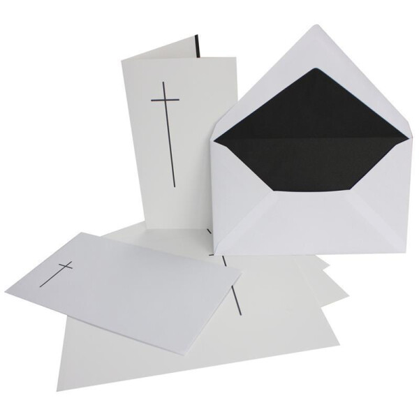 100x Trauerkarten-Set mit Kreuz ca. B6 11,4 x 19,5 cm & Trauer-Umschlägen mit schlichtem Kreuz & schwarzem Futter, Faltkarten Trauer-Anzeigen