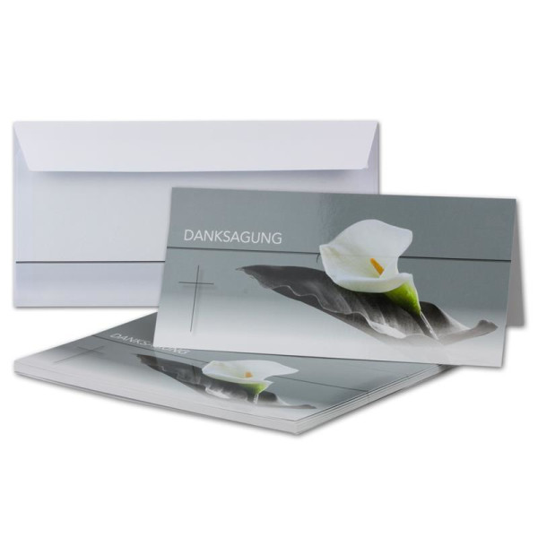 100 x Trauer-Set - Danksagungs-Trauer-Doppelkarten mit Umschlägen DIN Lang 21 x 19,8 cm - Hochglanz - Serie: Calla