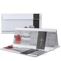 100x Trauerkarten Set mit Umschlägen DIN LANG - Motiv Rose Stein Trauerkreuz - Danksagungskarten Trauer Ohne Fenster - würdevolle Doppelkarten