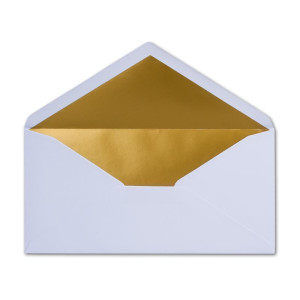100 Brief-Umschläge DIN Lang - Weiß mit Gold-Metallic Innen-Futter - 110 x 220 mm - Nassklebung - festliche Kuverts für Weihnachten