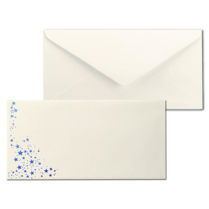 100x Briefumschläge mit Metallic Sternen - DIN Lang - Blau geprägter Sternenregen - Farbe: creme, Nassklebung, 80 g/m² - 110 x 220 mm - ideal für Weihnachten