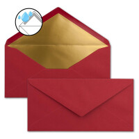 25 Brief-Umschläge DIN Lang - Dunkel-Rot mit Gold-Metallic Innen-Futter - 110 x 220 mm - Nassklebung - festliche Kuverts für Weihnachten