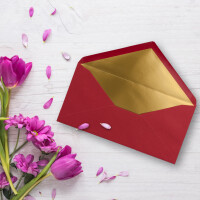 25 Brief-Umschläge DIN Lang - Dunkel-Rot mit Gold-Metallic Innen-Futter - 110 x 220 mm - Nassklebung - festliche Kuverts für Weihnachten