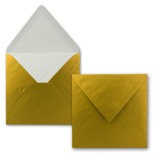 50x Briefumschläge Quadratisch 16 x 16 cm in Gold Metallic- Umschläge mit weißem Seidenfutter - Kuverts ohne Fenster & mit Nassklebung - Für Einladungskarten zu Hochzeit und Geburtstag