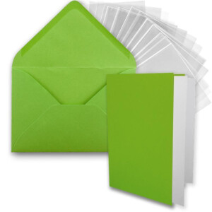 50x DIN B6 Faltkarten-Set - Hellgrün (Grün) - 11,5 x 17 cm - Doppelkarten mit Umschlägen, Einlegepapier und Cellophanbeutel zum Basteln und Verkaufen