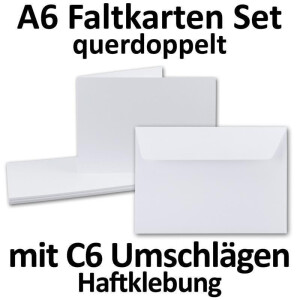 50x DIN A6 Faltkarten SET- Hochweiß/Kristallweiß - Doppelkarten querdoppelt inkl. Umschlag mit Haftklebung - 10,5 x 14,8 cm - DIN A6 / C6