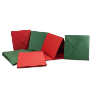 50x quadratisches Falt-Karten Set inklusive Brief-Umschläge - Blanko Einladungskarten in Rot und Grün - 135 x 135 mm (13,5 x 13,5 cm) Klappkarten