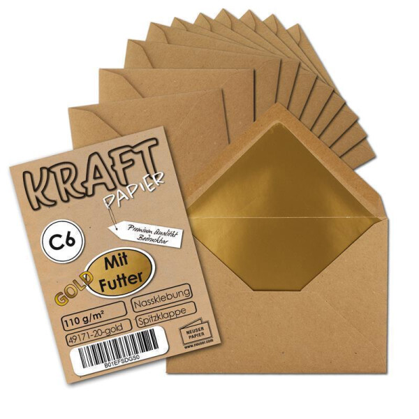 50 Stück - Gold gefütterte Vintage-Umschläge DIN C6 11,4 x 16,2 cm Kraft-Papier braun Recycling Nassklebung - UmWelt by GUSTAV NEUSER®
