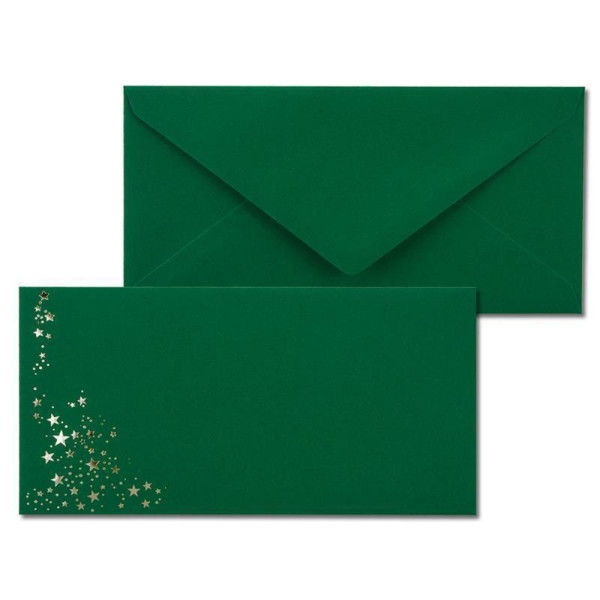 50x Briefumschläge mit Metallic Sternen - DIN Lang - Silber geprägter Sternenregen - Farbe: dunkelgrün, Nassklebung, 120 g/m² - 110 x 220 mm - ideal für Weihnachten