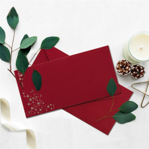 50x Briefumschläge mit Metallic Sternen - DIN Lang - Silber geprägter Sternenregen - Farbe: dunkelrot, Nassklebung, 120 g/m² - 110 x 220 mm - ideal für Weihnachten