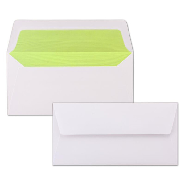 25 Briefumschläge Weiß - DIN Lang - gefüttert mit grünem Seidenpapier - 22 x 11 cm - Nassklebung, gerade Klappe - Ideal für Einladungen und Grüße zu Geburtstag und Weihnachten