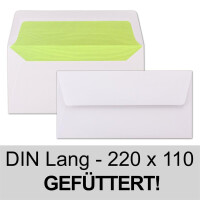 25 Briefumschläge Weiß - DIN Lang - gefüttert mit grünem Seidenpapier - 22 x 11 cm - Nassklebung, gerade Klappe - Ideal für Einladungen und Grüße zu Geburtstag und Weihnachten