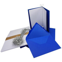 50x Falt-Karten Set in Royal-Blau inklusive Brief-Umschläge DIN B6 - Faltkarte B6 - Einlegeblatt und silbernem Schmuckband