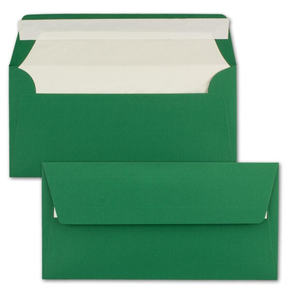 50x Briefumschläge DIN Lang 11 x 22 cm gerippt in Dunkelgrün gefüttert mit weißem Seiden-Papier 110 g/m² Haftklebung