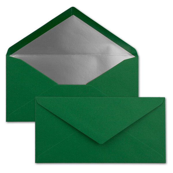 50 Brief-Umschläge DIN Lang - Dunkel-Grün mit Silber-Metallic Innen-Futter - 110 x 220 mm - Nassklebung - festliche Kuverts für Weihnachten