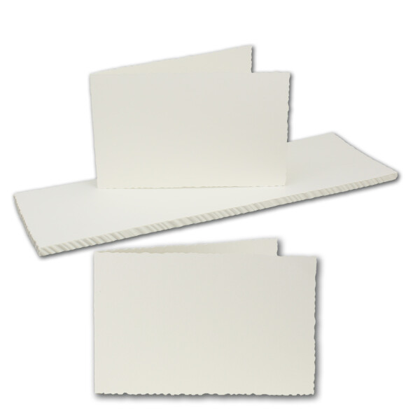 25x Vintage Falt-Karten mit Zackenschnitt Querformat - Natur-Weiß - Edel-Bütten - DIN B6 - 11,0 x 17,3 cm - imitierter Büttenrand - Doppel-Karten - Querdoppelt