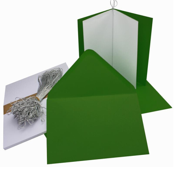 50x Falt-Karten Set in Dunkel-Grün inklusive Brief-Umschläge DIN B6 - Faltkarte B6 - Einlegeblatt und silbernem Schmuckband