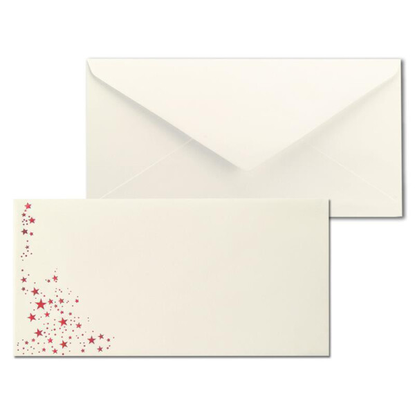 100x Briefumschläge mit Metallic Sternen - DIN Lang - Rot geprägter Sternenregen - Farbe: creme, Nassklebung, 80 g/m² - 110 x 220 mm - ideal für Weihnachten