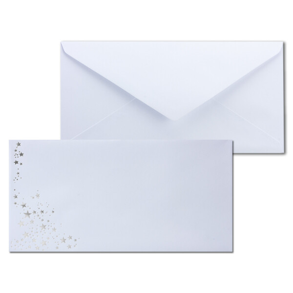 25x Briefumschläge mit Metallic Sternen - DIN Lang - Silber geprägter Sternenregen - Farbe: weiß, Nassklebung, 100 g/m² - 110 x 220 mm - ideal für Weihnachten