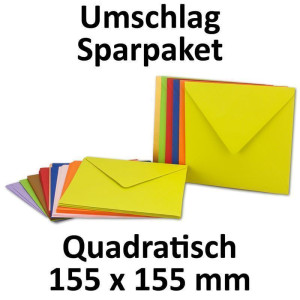50x farbige Brief-Umschläge gemischt - quadratisch - 155 x 155 mm - bunte Mischung - Haftklebung / Nassklebung - Mit und Ohne Futter - GUSTAV NEUSER