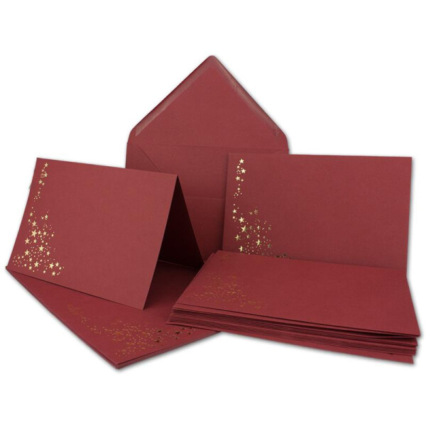 20x Faltkarten-Set mit Umschlägen DIN B6 - Dunkelrot (Rot) mit goldenen Metallic Sternen - 11,5 x 17 cm - bedruckbar - Ideal für Weihnachtskarten