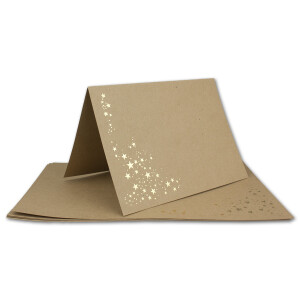 Faltkarten-Set mit Umschlägen DIN A6 - Sandbraun Kraftpapier mit goldenen Metallic Sternen - 10 Sets - Drucker geeignet Ideal für Weihnachtskarten