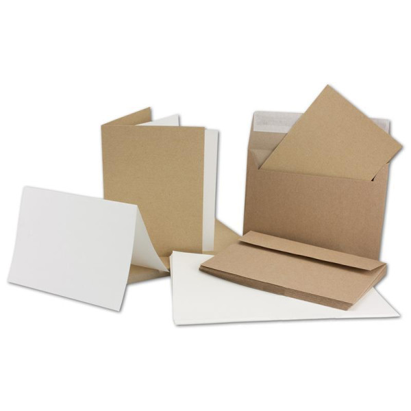 50x Kartenset Quadratisch Faltkarten mit Umschläge // Naturpapier // Recycling Naturfarbe braun 