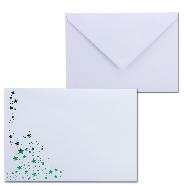 50x Weihnachts-Briefumschläge - DIN C6 - mit Grün-Metallic geprägtem Sternenregen -Farbe: Weiß - Nassklebung, 90 g/m² - 114 x 162 mm - Marke: GUSTAV NEUSER