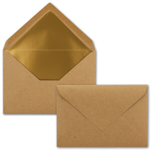 50x - Brief-Umschläge B6 mit Gold Innenfutter - 12,5 x 17,6 cm  - Kraft-Papier braun Recycling Nassklebung - Vintage - UmWelt by GUSTAV NEUSER