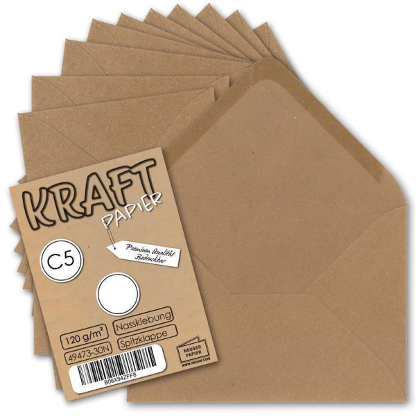 25x Vintage Brief-Umschläge DIN C5 Kraftpapier 120 g/m² - 157 x 225 mm - braun Recycling - Nassklebung Spitzklappe I UmWelt by GUSTAV NEUSER®