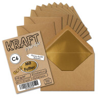 25 Stück - Gold gefütterte Vintage-Umschläge DIN C6 11,4 x 16,2 cm Kraft-Papier braun Recycling Nassklebung - UmWelt by GUSTAV NEUSER®