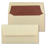 50 Stück DIN Lang Vintage gefütterte Briefumschläge, Büttenpapier, 11 x 22 cm, Elfenbein halbmatt braun gefütterte Brief-Kuverts