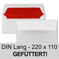 50 Briefumschläge Weiß - DIN Lang - gefüttert mit rotem Seidenpapier - 22 x 11 cm - Nassklebung, gerade Klappe - Ideal für Einladungen und Grüße zu Geburtstag und Weihnachten