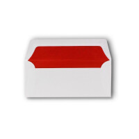 50 Briefumschläge Weiß - DIN Lang - gefüttert mit rotem Seidenpapier - 22 x 11 cm - Nassklebung, gerade Klappe - Ideal für Einladungen und Grüße zu Geburtstag und Weihnachten