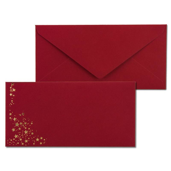 50x Briefumschläge mit Metallic Sternen - DIN Lang - Gold geprägter Sternenregen - Farbe: dunkelrot, Nassklebung, 120 g/m² - 110 x 220 mm - ideal für Weihnachten